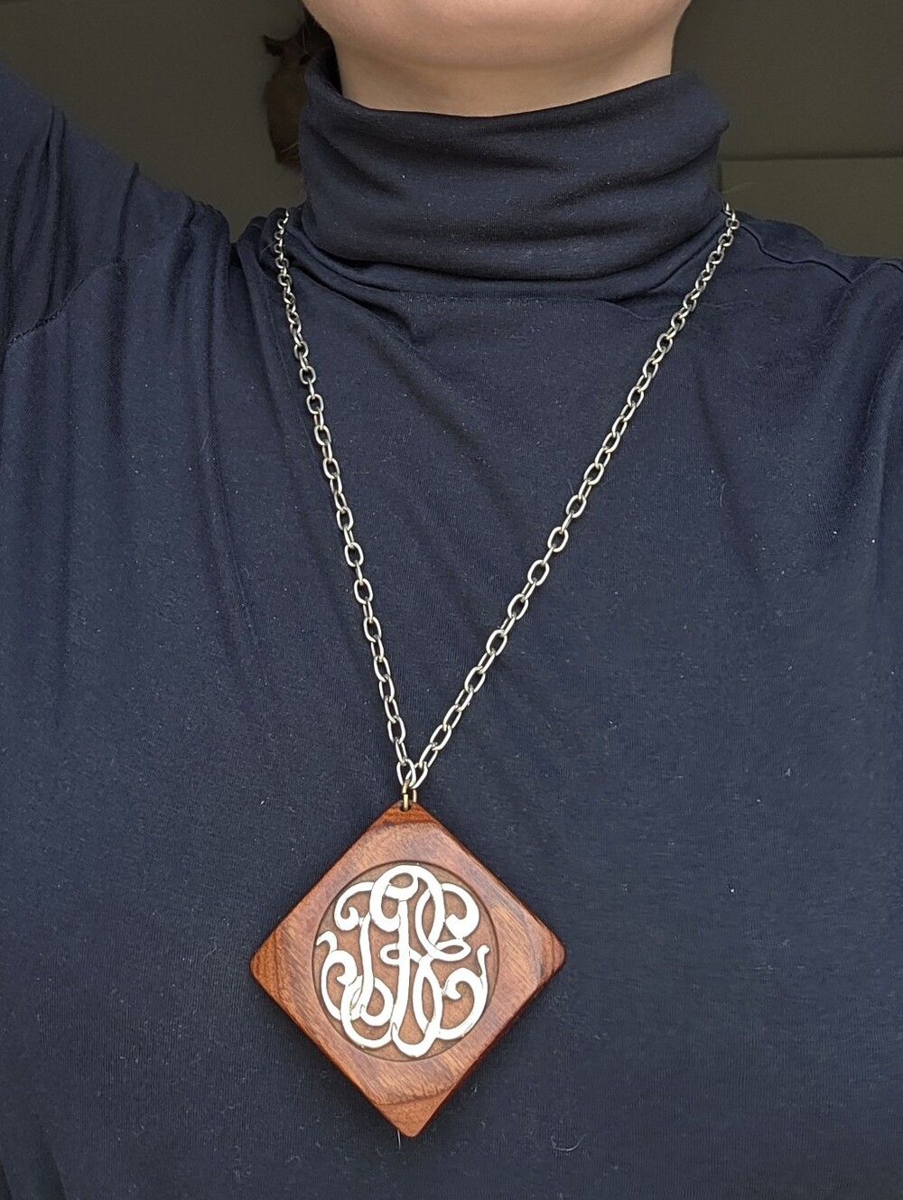 Vintage Wooden Diamond Pendant Necklace with Silver Tone Monogram